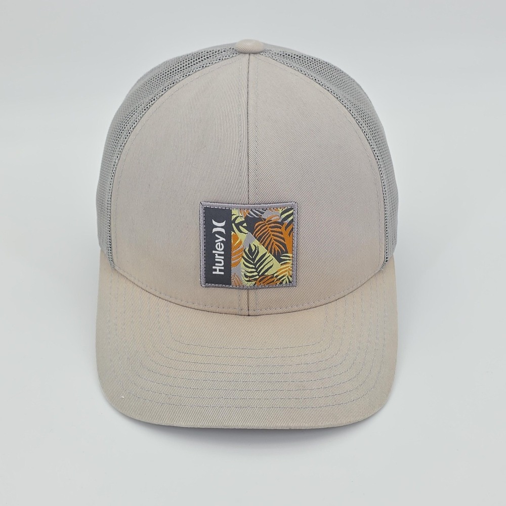 Hurley Hat Cap Snap Back Mens One Size Beige Mesh Trucker Surfer Tropical Patch